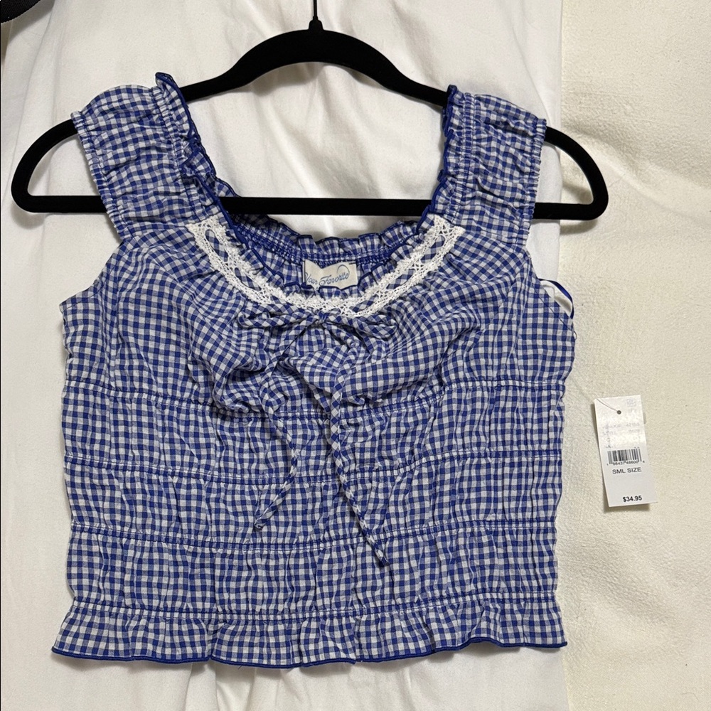 PacSun Blue Checkered Lace Trim Blouse